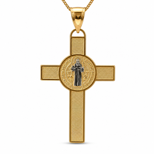 14KT Gold Charm Large Two Tone St Benedict Coin Center Cross with Plain Bell