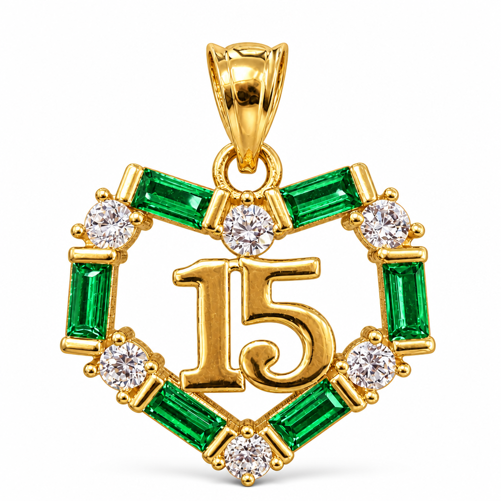 14KT Gold Charm Medium Quinceanera Open Heart with Dark Green Baguette and White Round CZ Stones Outline with Plain Bell
