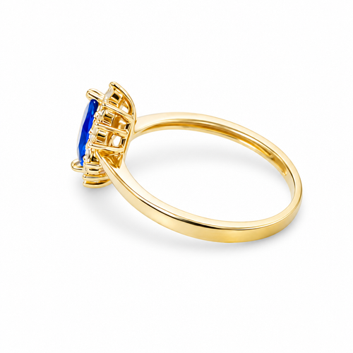 14KT Gold Ring Women's Flower Navy Blue Marquise Center CZ Stone with White CZ Stone Petal Borders and Plain Band