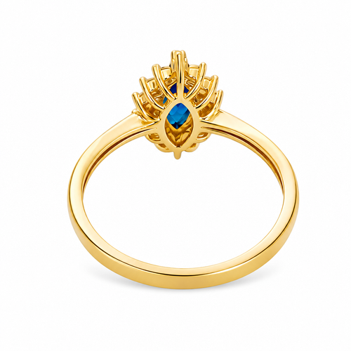 14KT Gold Ring Women's Flower Navy Blue Marquise Center CZ Stone with White CZ Stone Petal Borders and Plain Band