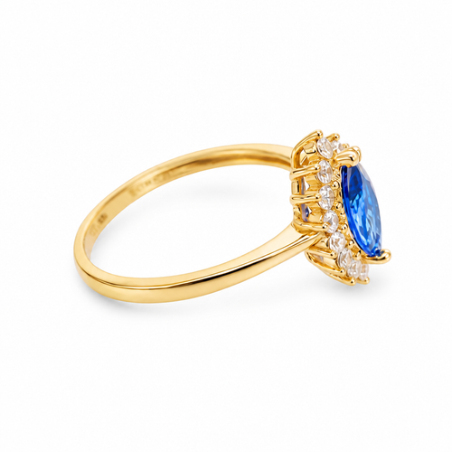 14KT Gold Ring Women's Flower Navy Blue Marquise Center CZ Stone with White CZ Stone Petal Borders and Plain Band