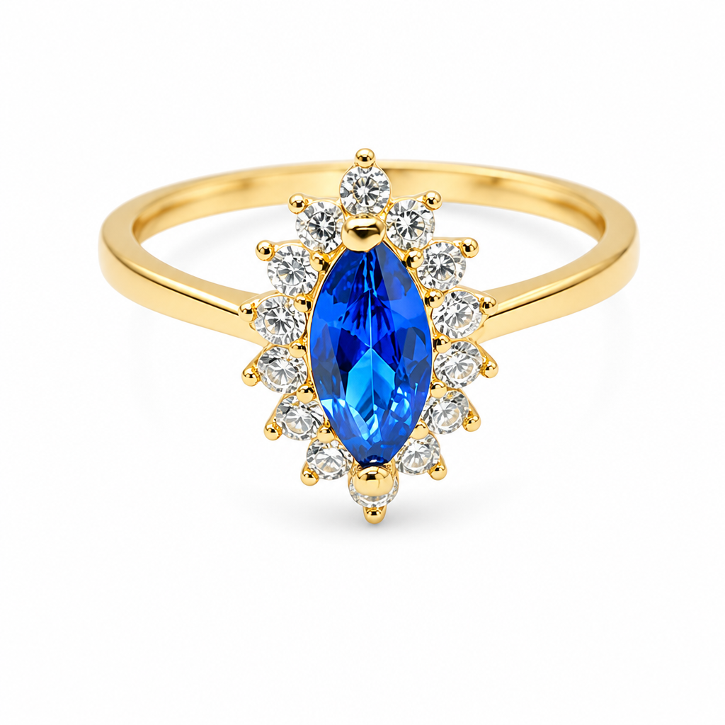 14KT Gold Ring Women's Flower Navy Blue Marquise Center CZ Stone with White CZ Stone Petal Borders and Plain Band
