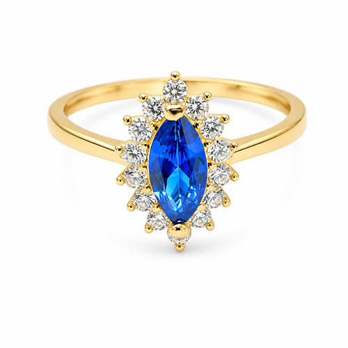 14KT Gold Ring Women's Flower Navy Blue Marquise Center CZ Stone with White CZ Stone Petal Borders and Plain Band