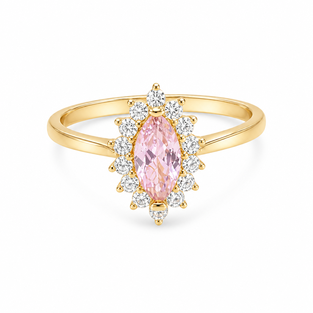 14KT Gold Ring Women's Flower Pink Marquise Center CZ Stone with White CZ Stone Petal Borders and Plain Band