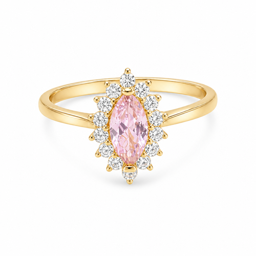 14KT Gold Ring Women's Flower Pink Marquise Center CZ Stone with White CZ Stone Petal Borders and Plain Band
