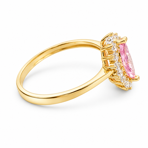 14KT Gold Ring Women's Flower Pink Marquise Center CZ Stone with White CZ Stone Petal Borders and Plain Band