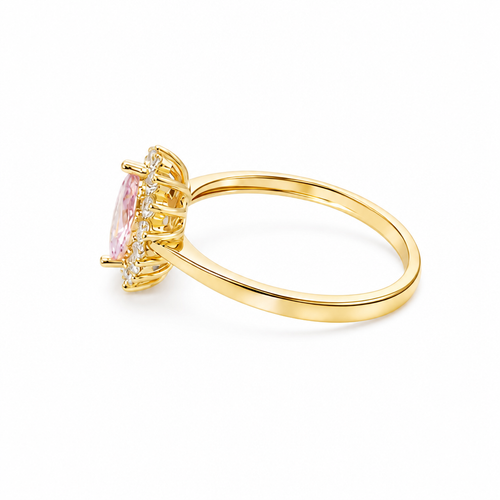 14KT Gold Ring Women's Flower Pink Marquise Center CZ Stone with White CZ Stone Petal Borders and Plain Band