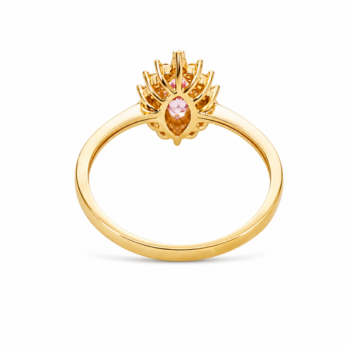 14KT Gold Ring Women's Flower Pink Marquise Center CZ Stone with White CZ Stone Petal Borders and Plain Band
