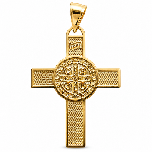 14KT Gold Charm Small Two Tone St Benedict Coin Center Cross with Plain Bell