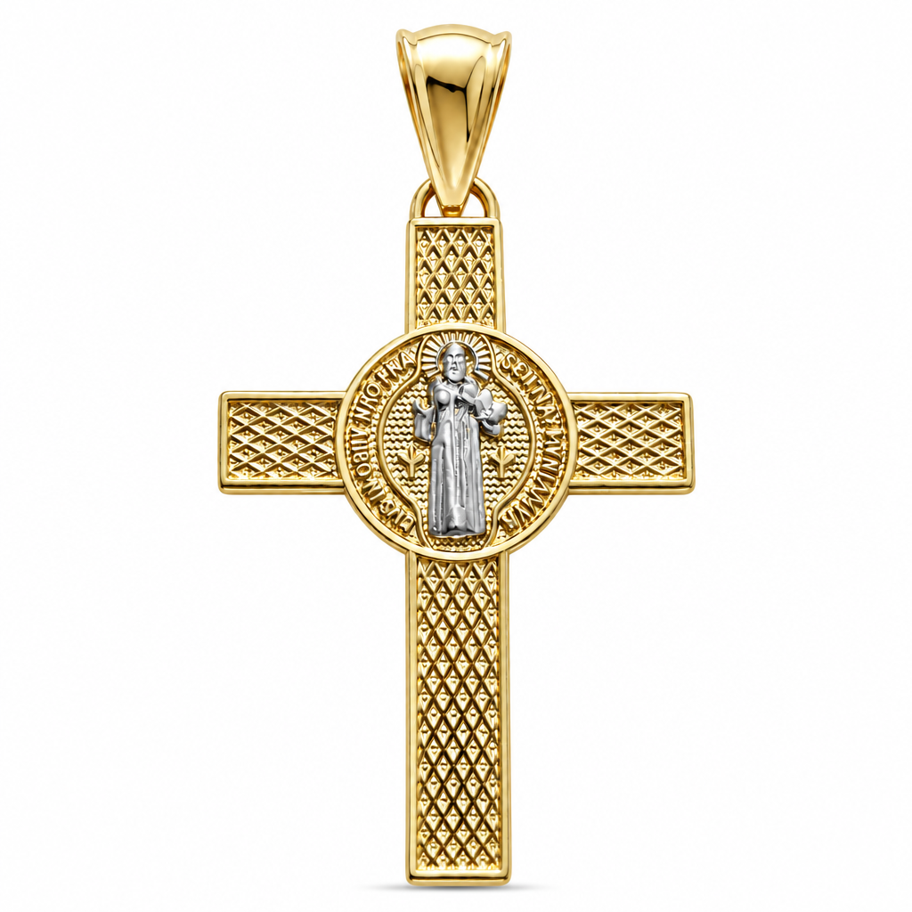 14KT Gold Charm Small Two Tone St Benedict Coin Center Cross with Plain Bell