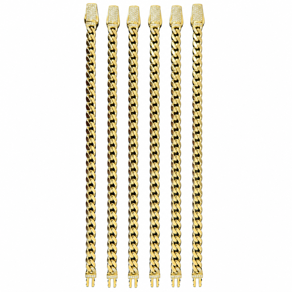 14KT Gold Bracelet Hollow Crown Miami Link with Plain White CZ Stones Designer Clasp 7mm
