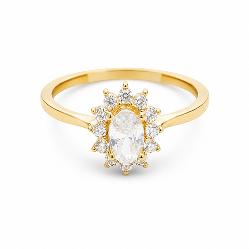 14KT Gold Ring Women's Flower Oval White Center Stone with White CZ Stone Petals Border Plain Band