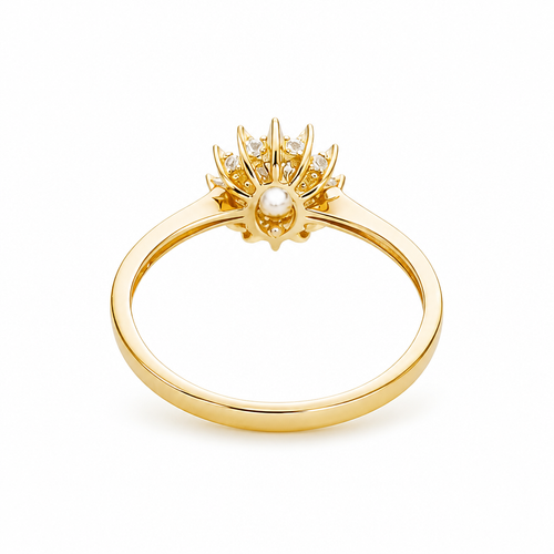 14KT Gold Ring Women's Flower Oval White Center Stone with White CZ Stone Petals Border Plain Band