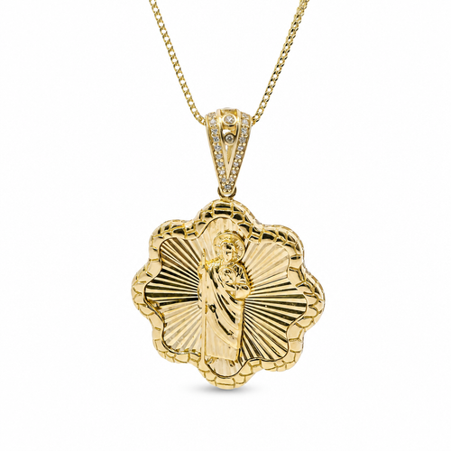 14KT Gold Charm Large Round Scallop St Jude Sunray Center with Nugget Border and White CZ Stones Edge and Bell