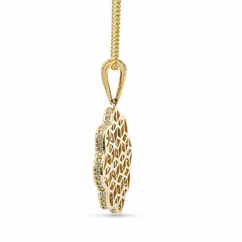 14KT Gold Charm Large Round Scallop St Jude Sunray Center with Nugget Border and White CZ Stones Edge and Bell