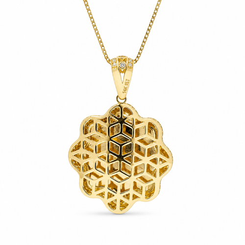 14KT Gold Charm Large Round Scallop St Jude Sunray Center with Nugget Border and White CZ Stones Edge and Bell