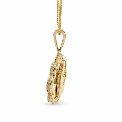 14KT Gold Charm Large Round Scallop St Jude Sunray Center with Nugget Border and White CZ Stones Edge and Bell