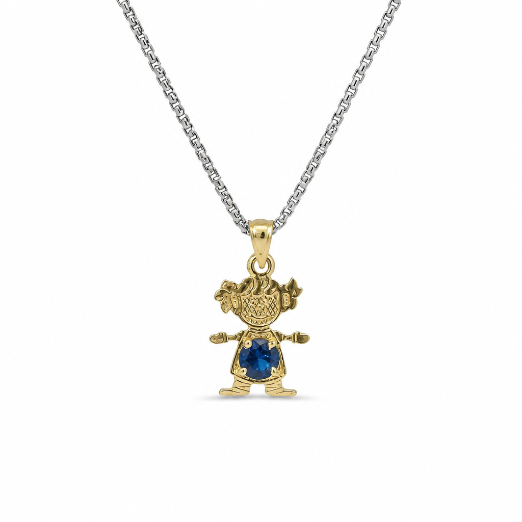 14KT Gold Charm Girl with Royal Blue CZ Stone Belly and Plain Bell