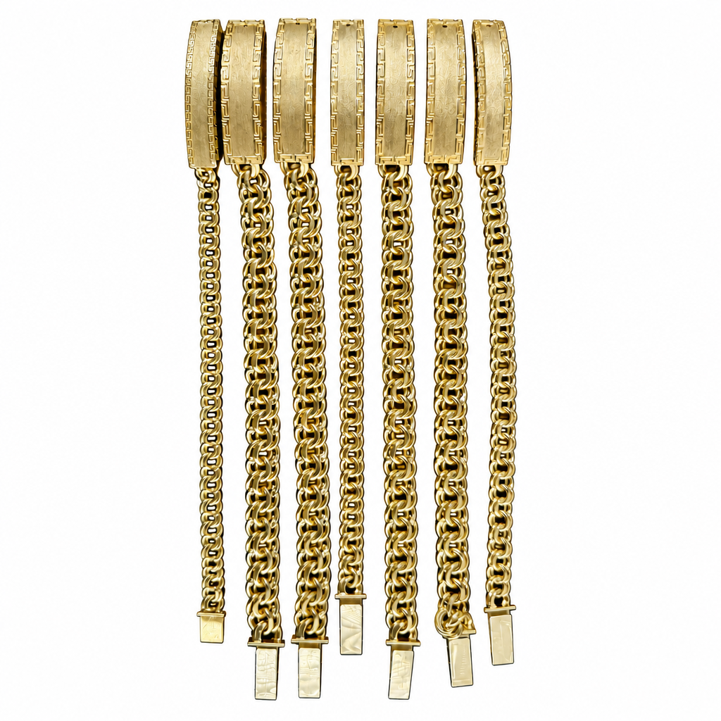 14KT Gold Bracelet Hollow Chino Band with Greek Border Name Plate 10mm