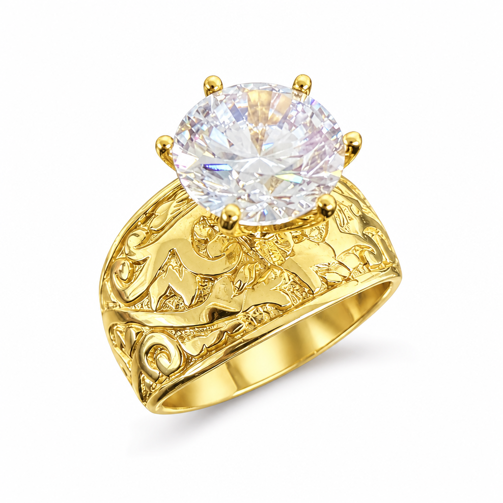 14KT Gold Women's Ring Mini Solitaire White 6 Prong with Wide Scroll Etched Band