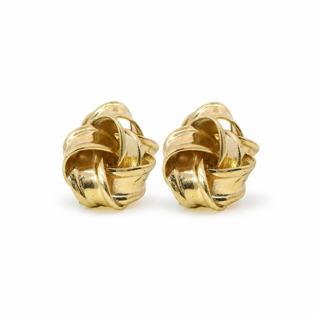 14KT Gold Earrings Medium Four Ribbon Strand Plain Pinwheel Knot with Plain Borders, Push Back Post, and Butterfly Backs