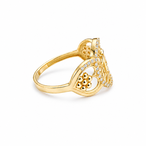 14KT Gold Ring Women's "15" Open Floral Oval Quinceanera Center with White CZ Stones Border Open Hearts on Shank with Seven Dot Flower Design and a Plain Band