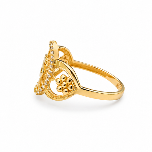 14KT Gold Ring Women's "15" Open Floral Oval Quinceanera Center with White CZ Stones Border Open Hearts on Shank with Seven Dot Flower Design and a Plain Band