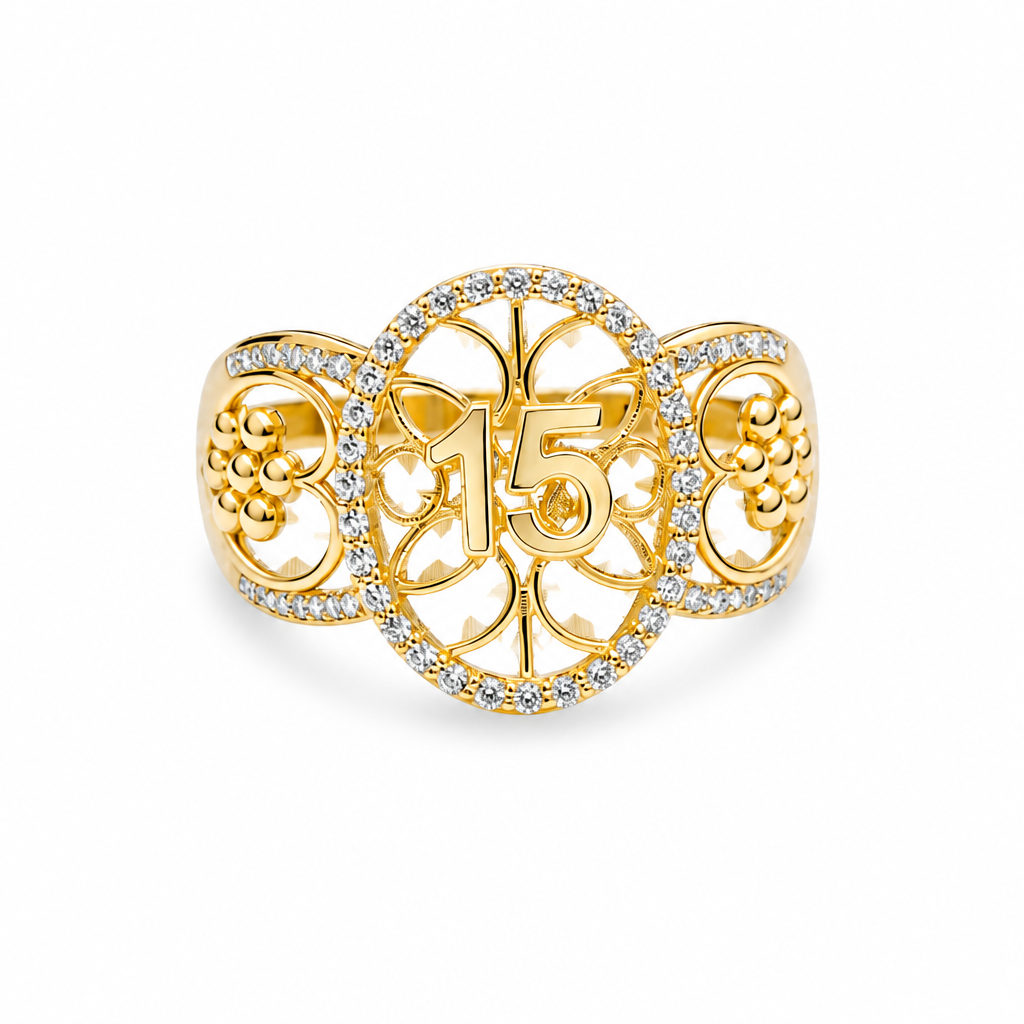 14KT Gold Ring Women's "15" Open Floral Oval Quinceanera Center with White CZ Stones Border Open Hearts on Shank with Seven Dot Flower Design and a Plain Band
