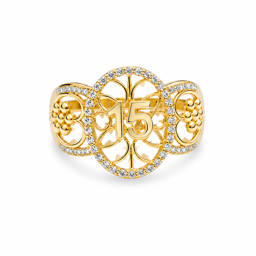 14KT Gold Ring Women's "15" Open Floral Oval Quinceanera Center with White CZ Stones Border Open Hearts on Shank with Seven Dot Flower Design and a Plain Band