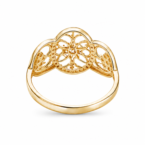 14KT Gold Ring Women's "15" Open Floral Oval Quinceanera Center with White CZ Stones Border Open Hearts on Shank with Seven Dot Flower Design and a Plain Band