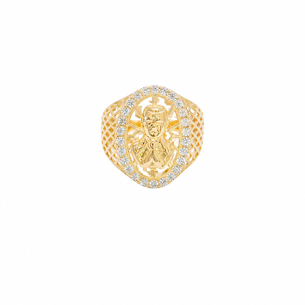 14KT Gold Ring Men's Oval Malverde White CZ Stones Border with Diamond Shape Gallery Cutouts on Side of Band