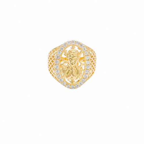14KT Gold Ring Men's Oval Malverde White CZ Stones Border with Diamond Shape Gallery Cutouts on Side of Band