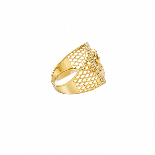 14KT Gold Ring Men's Oval Malverde White CZ Stones Border with Diamond Shape Gallery Cutouts on Side of Band