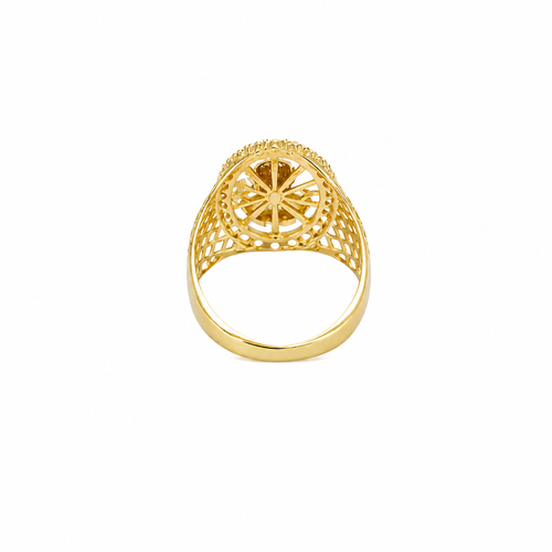 14KT Gold Ring Men's Oval Malverde White CZ Stones Border with Diamond Shape Gallery Cutouts on Side of Band