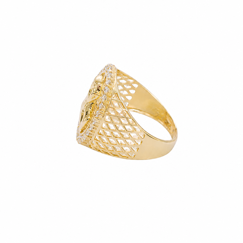 14KT Gold Ring Men's Oval Malverde White CZ Stones Border with Diamond Shape Gallery Cutouts on Side of Band