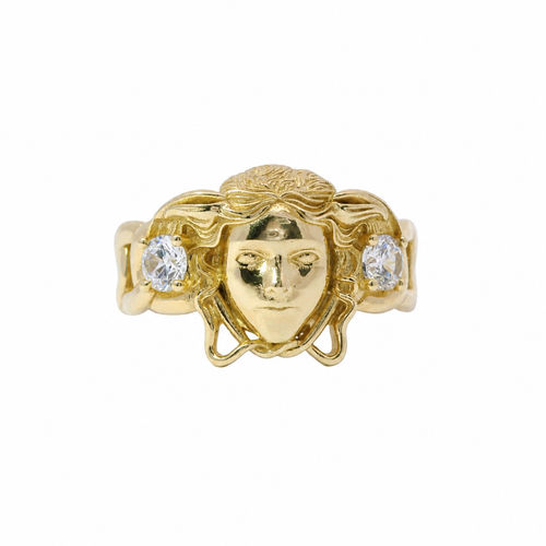 14KT Gold Ring Men's Medusa Head Shape with White CZ Stones Left/Right of Medusa Head Miami Link Band