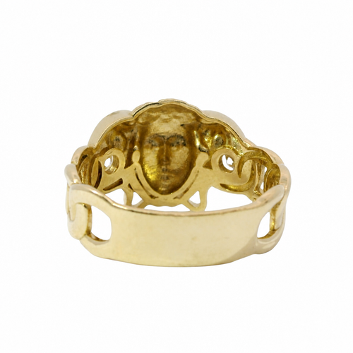 14KT Gold Ring Men's Medusa Head Shape with White CZ Stones Left/Right of Medusa Head Miami Link Band