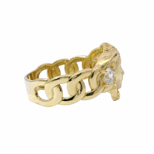 14KT Gold Ring Men's Medusa Head Shape with White CZ Stones Left/Right of Medusa Head Miami Link Band