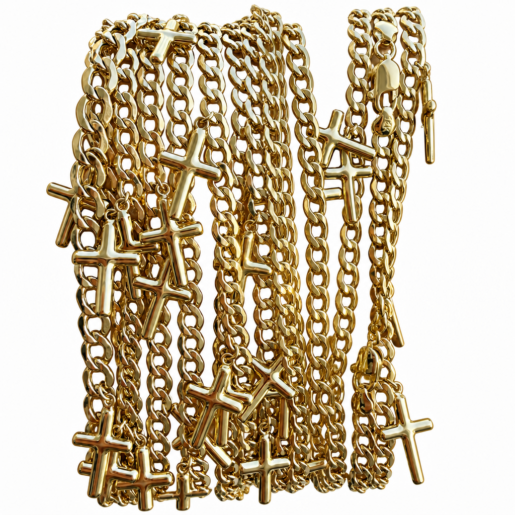 14KT Gold Hollow Curb Anklet with Puff Cross Charms 3.5mm