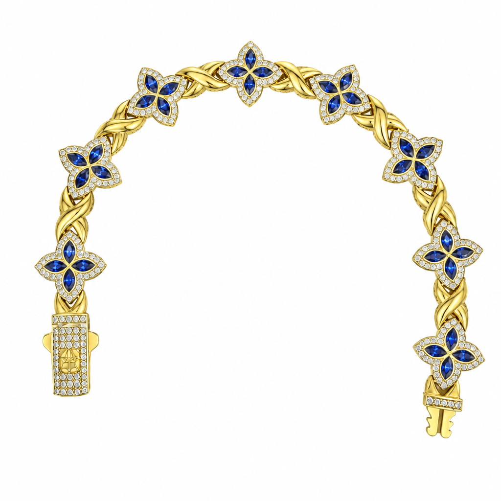 14KT Gold Bracelet Women's Tennis Navy Blue CZ Stones Marquise Clover Flower Charms with White CZ Stones Border and Cuban Link White CZ Stones Crowned Diamond Shape Emblem Box Clasp Band