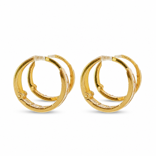 14KT Gold Earring Small White CZ Stones Single Row Hoops with Two Tone Diamond Cut Scallop Edge on Back Huggie