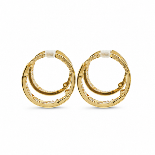 14KT Gold Earring Small White CZ Stones Single Row Hoops with Two Tone Diamond Cut Scallop Edge on Back Huggie