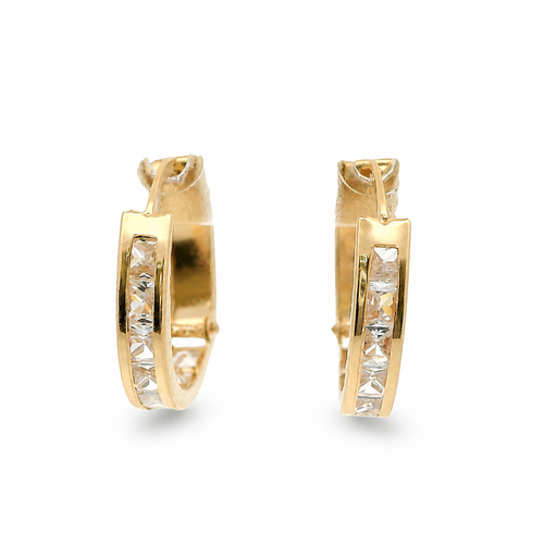 14KT Gold Earring Small White CZ Stones Single Row Hoops with Two Tone Diamond Cut Scallop Edge on Back Huggie