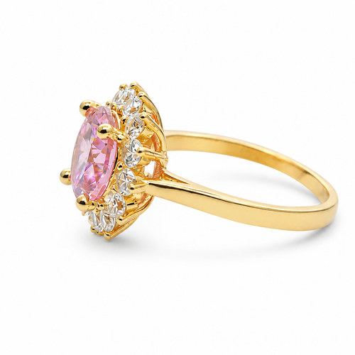 14KT Gold Ring Women's Jumbo Round Pink Center CZ with Round White CZ Stones Border and Plain Band