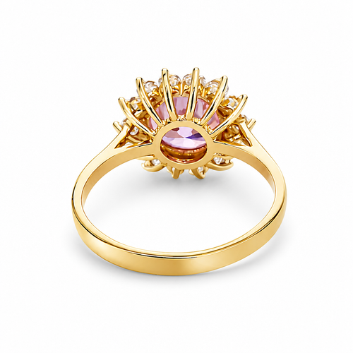 14KT Gold Ring Women's Jumbo Round Pink Center CZ with Round White CZ Stones Border and Plain Band