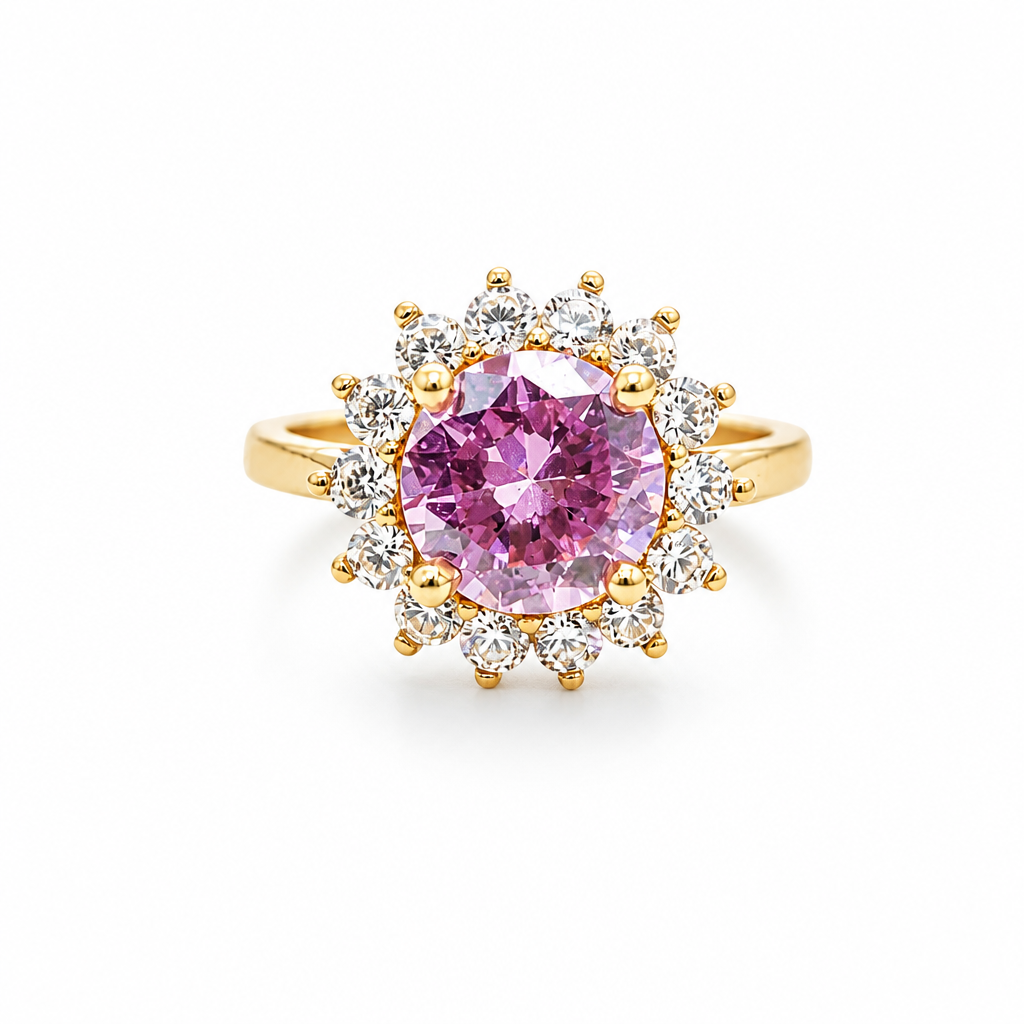 14KT Gold Ring Women's Jumbo Round Pink Center CZ with Round White CZ Stones Border and Plain Band