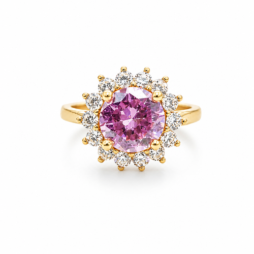 14KT Gold Ring Women's Jumbo Round Pink Center CZ with Round White CZ Stones Border and Plain Band