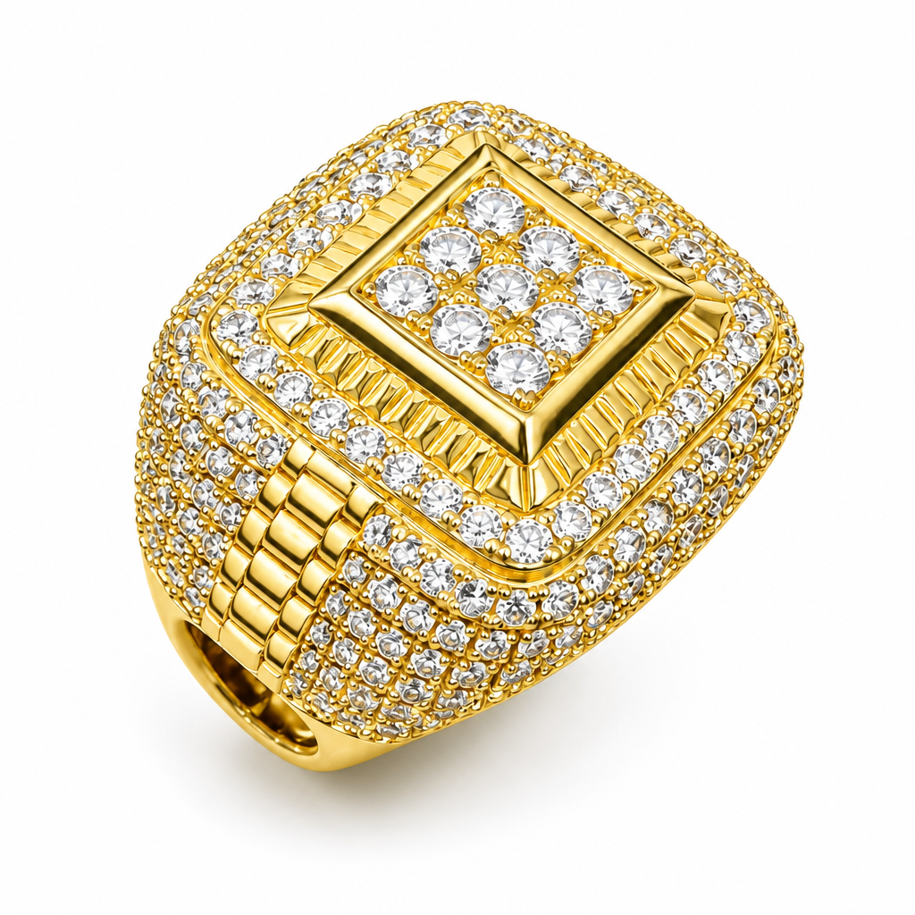 14KT Gold Ring Men's Square Domed Platform Cluster Ring with Watch Band Sides and White CZ Stones Band