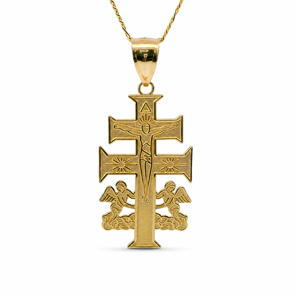 14KT Gold Charm Medium Flat Caravaca Crucifix Cross with Plain Bell