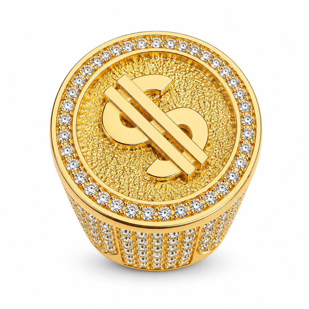 14KT Gold Ring Men's Round Raised Dollar Sign Center with Sandblast Background Coin with Single Row of White CZ Stones Border, 8 Rows of Pave White CZ Stones Edge and Band